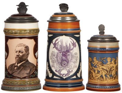 Three Mettlach steins, .5L, 1997, PUG & etched, The George Ehret Stein, inlaid lid, mint; with, .5L, 2936, etched, The Elk Stein, inlaid lid, mint; with, .3L, 2025, etched, inlaid lid, mint.