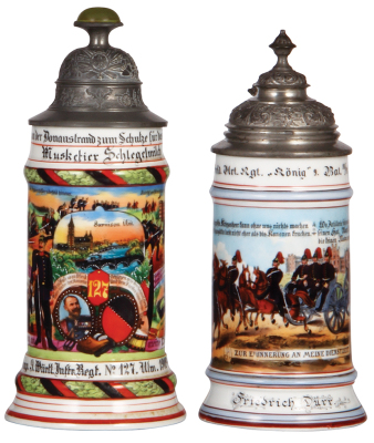 Two Regimental steins, .5L, 10.0" ht., porcelain, 2. Comp., Inft. Regt. Nr. 127, Ulm, 1909 - 1911, four side scenes, roster, sparrow thumblift, named to: Musketier Schlegelmilch, some roster wear, missing finial; with, .5L, 9.4" ht., porcelain, 9. Bat., 4