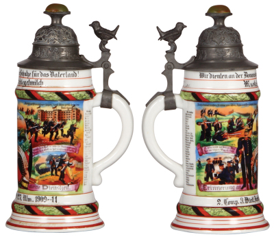 Two Regimental steins, .5L, 10.0" ht., porcelain, 2. Comp., Inft. Regt. Nr. 127, Ulm, 1909 - 1911, four side scenes, roster, sparrow thumblift, named to: Musketier Schlegelmilch, some roster wear, missing finial; with, .5L, 9.4" ht., porcelain, 9. Bat., 4 - 2