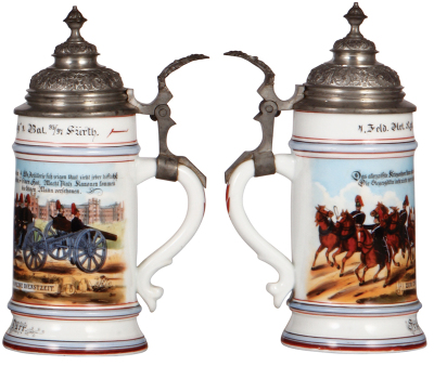 Two Regimental steins, .5L, 10.0" ht., porcelain, 2. Comp., Inft. Regt. Nr. 127, Ulm, 1909 - 1911, four side scenes, roster, sparrow thumblift, named to: Musketier Schlegelmilch, some roster wear, missing finial; with, .5L, 9.4" ht., porcelain, 9. Bat., 4 - 3