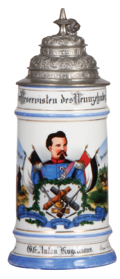 Regimental stein, .5L, 9.2'' ht., porcelain, 1. Comp., bayr. Inft. Regt. Nr. 20, 1898 - 1900, two side scenes, lion thumblift, named to: Res. Gefr. Anton, Kugelmann, lithophane lines, a little wear to base band color.