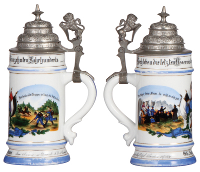 Regimental stein, .5L, 9.2'' ht., porcelain, 1. Comp., bayr. Inft. Regt. Nr. 20, 1898 - 1900, two side scenes, lion thumblift, named to: Res. Gefr. Anton, Kugelmann, lithophane lines, a little wear to base band color. - 2