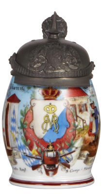 Regimental stein, .5L, 6.9'' ht., porcelain, 8. Comp., bayr. Inft. Regt. Nr. 2, 1897 - 1899, two side scenes, Bavarian thumblift, named to: Johann Sedlmeier, very rare body style, small pewter repair visible inside of the lid, body mint.