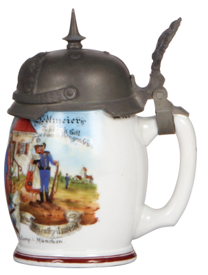 Regimental stein, .5L, 6.9'' ht., porcelain, 8. Comp., bayr. Inft. Regt. Nr. 2, 1897 - 1899, two side scenes, Bavarian thumblift, named to: Johann Sedlmeier, very rare body style, small pewter repair visible inside of the lid, body mint. - 2