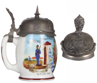 Regimental stein, .5L, 6.9'' ht., porcelain, 8. Comp., bayr. Inft. Regt. Nr. 2, 1897 - 1899, two side scenes, Bavarian thumblift, named to: Johann Sedlmeier, very rare body style, small pewter repair visible inside of the lid, body mint. - 3