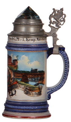 Regimental stein .5L, 9.4" ht., 3. Comp., bayr. Eisenbahn Bat., München, 1900 - 1902, two side scenes, lion thumblift, named to: Pion. Karl Orschiedt, prism lid, 1" base hairline and poorly repaired pewter tear at rear of the lid. - 2