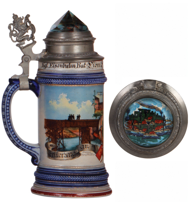 Regimental stein .5L, 9.4" ht., 3. Comp., bayr. Eisenbahn Bat., München, 1900 - 1902, two side scenes, lion thumblift, named to: Pion. Karl Orschiedt, prism lid, 1" base hairline and poorly repaired pewter tear at rear of the lid. - 3