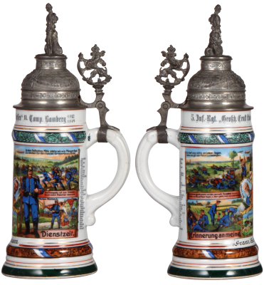 Regimental stein, .5L, 12.0" ht., porcelain, 11. Comp., bayr. Inft. Regt. Nr. 5, Bamberg, 1912 - 1914, four side scenes, roster, lion thumblift, named to: Franz Schuhmann, pewter tear at rear of lid, body mint. - 2