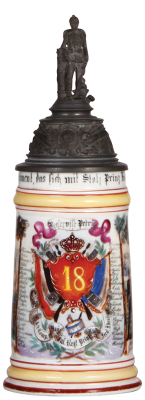 Regimental stein, .5L, 10.5" ht., porcelain, 4. Comp., bayr. Inft. Regt. Nr. 18, Landau, 1895 - 1897, two side scenes, roster, lion thumblift, named to: Reservist Petrÿ, minor word wear, slight pewter tear.