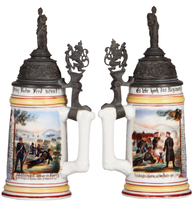 Regimental stein, .5L, 10.5" ht., porcelain, 4. Comp., bayr. Inft. Regt. Nr. 18, Landau, 1895 - 1897, two side scenes, roster, lion thumblift, named to: Reservist Petrÿ, minor word wear, slight pewter tear. - 2