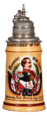 Regimental stein, .5L, 9.7" ht., porcelain, Reit. Batt., Feld Artl. Regt. Nr. 25, Darmstadt, 1891 - 1894, one side scene, roster, cupid thumblift, named to: Kanonier Girlb. Diehl, mint.