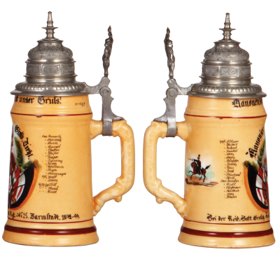 Regimental stein, .5L, 9.7" ht., porcelain, Reit. Batt., Feld Artl. Regt. Nr. 25, Darmstadt, 1891 - 1894, one side scene, roster, cupid thumblift, named to: Kanonier Girlb. Diehl, mint. - 2