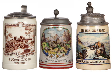 Three Third Reich steins, .5L, porcelain, 8. Komp. I.R. 20, 1936 - 1938, Maxim MG 08 on sled, pewter lid with Regensburg scene, swastika removed from front; with, .5L, stoneware, 12. [M.G.] Komp., Geb. Jäger Regt. 99, Sonthofen, Maxim MG 08, replaced pewt