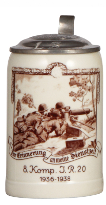 Three Third Reich steins, .5L, porcelain, 8. Komp. I.R. 20, 1936 - 1938, Maxim MG 08 on sled, pewter lid with Regensburg scene, swastika removed from front; with, .5L, stoneware, 12. [M.G.] Komp., Geb. Jäger Regt. 99, Sonthofen, Maxim MG 08, replaced pewt - 2