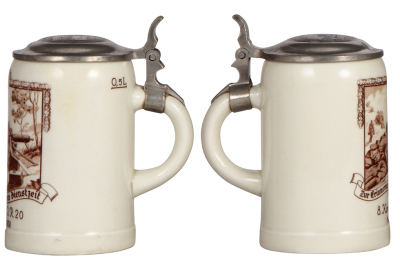 Three Third Reich steins, .5L, porcelain, 8. Komp. I.R. 20, 1936 - 1938, Maxim MG 08 on sled, pewter lid with Regensburg scene, swastika removed from front; with, .5L, stoneware, 12. [M.G.] Komp., Geb. Jäger Regt. 99, Sonthofen, Maxim MG 08, replaced pewt - 3