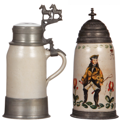 Two stoneware steins, 1.0L, turned, elaborate pewter lid & base ring, porcelain inlay of horses; with, 1.0L, turned, cold painted, pewter lid & base ring, wear, otherwise both good condition.