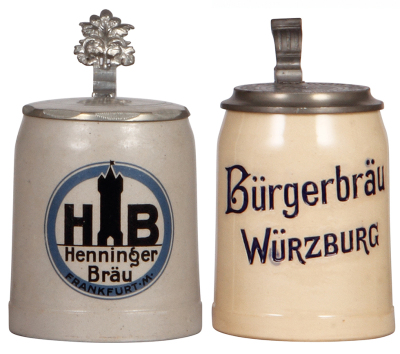 Two steins, stoneware, .5L, transfer & hand-painted, marked A. Diersch Frankfurt A/M., Henninger Bräu, pewter lid; with, .5L, Bürgerbräu Würzburg, matching pewter with Agent in New York, both mint.