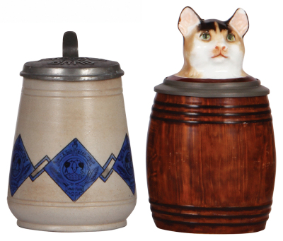 Two steins, stoneware, .5L, transfer & hand-painted, Schifferer Bräu, matching pewter lid, mint; with, Character stein, porcelain, Cat in Barrel, lines in lithophane, ear chip.