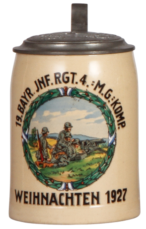 Military stein, .5L, pottery, 4. Masch. Gew. Komp., 19. bayer. Inft. Regt., 1927, center scene with Maxim Machine Gun 08 early sled mount, pewter lid with relief helmet, small factory glaze flaw in rear, mint. From the collection of Robert Segel, author o