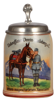 Third Reich stein, .5L, pottery, Unteroffizier Verein, Landsberg a. L., c.1935, center scene with pack mule carrying a Machine Gun, pewter lid, mint. From the collection of Robert Segel, author of: The Handbook of Machine Gun Support Equipment and Accesso