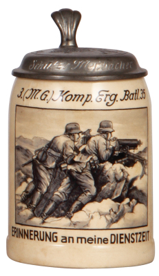 Third Reich stein, .5L, pottery, 3. [M.G.] Komp., Erg. Batl. 35, center scene with Maxim M.G. 08 with ZF 12 optical sight, impressed pewter lid with scene of three man crew and Maxim M.G. 08 on sled mount, owner's name on lid: Schütze Messbacher, flake on