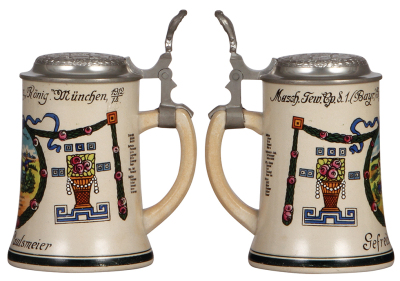 Regimental stein, .5L, 7.7" ht., stoneware, Maschinengewehr Komp., bayr. Inft. Regt. Nr. 1, München, 1912 - 1914, roster, plain thumblift, named to: Gefreiter Paulsmeier, pewter lid with Bavarian city coats- of-arms, very good repair of a line at the top - 2