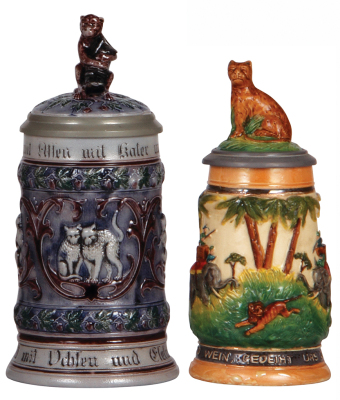 Two steins, stoneware, .5L, relief, by Marzi & Remy, 940, figural inlaid lid, mint; with, .3L, relief, Teddy Roosevelt Safari, inlaid lid, handle repaired.