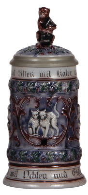 Two steins, stoneware, .5L, relief, by Marzi & Remy, 940, figural inlaid lid, mint; with, .3L, relief, Teddy Roosevelt Safari, inlaid lid, handle repaired. - 2