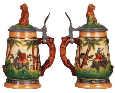 Two steins, stoneware, .5L, relief, by Marzi & Remy, 940, figural inlaid lid, mint; with, .3L, relief, Teddy Roosevelt Safari, inlaid lid, handle repaired. - 5