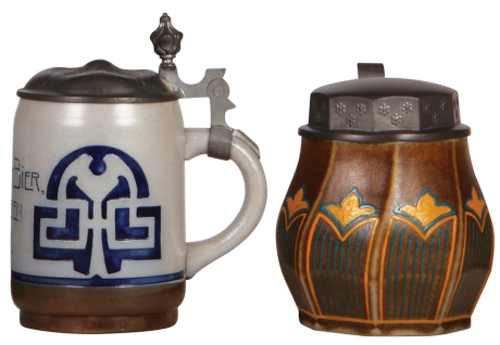 Two stoneware steins, .5L, incised, marked T. Paulus, 1327, Art Nouveau, pewter lid, mint; with, .5L, hand-painted, by Marzi & Remy, attributed to Emanuel von Seidl, 5196, pewter lid, mint.