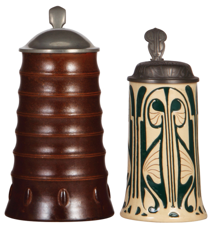 Two steins, stoneware, 1.0L, relief, by Reinhold Merkelbach, attributed to Franz Nachtman, pewter lid, mint; with, .5L, pottery, incised, by A.J. Thewalt, attributed to Wilhelm Anton Kamp, pewter lid, mint.