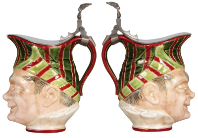 Two Character steins, 1.0L, 9.4" ht., pottery, marked Sarreguemines, Majolica, Man, pewter lid, glaze browning, otherwise mint; with, .5L, pottery, by Diesinger, 700, Bock in Barrel, small chip & line. - 3