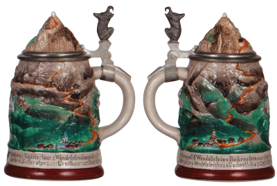 Two Character steins, .5L, stoneware, both marked Martin Pauson, München, Zugspitze, hairline by handle; with, Wendelstein, hairline & chip on side top rim. - 5