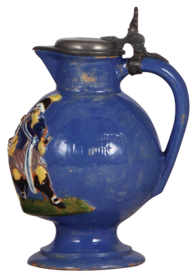 Pottery stein, .7L, 8.6" ht., relief, majolica, early design, pewter lid, two small base chips, very good condition. - 2