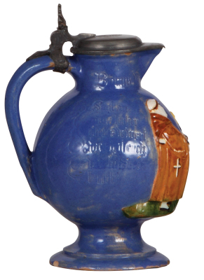 Pottery stein, .7L, 8.6" ht., relief, majolica, early design, pewter lid, two small base chips, very good condition. - 3