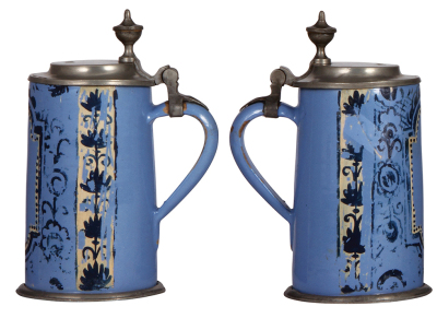 Three faience steins, 7.7" ht. to 9.2" ht., 1800s, pewter lids and first two have footrings, they display well, but first  has wear [cold-fired] and a 2" chip glued back in place, second in good condition, third has heavy glaze loss inside and outside.  - 3