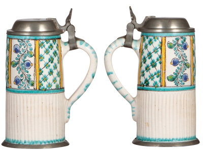 Three faience steins, 7.7" ht. to 9.2" ht., 1800s, pewter lids and first two have footrings, they display well, but first  has wear [cold-fired] and a 2" chip glued back in place, second in good condition, third has heavy glaze loss inside and outside.  - 5