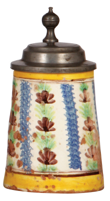 Three faience steins, 7.7" ht. to 9.2" ht., 1800s, pewter lids and first two have footrings, they display well, but first  has wear [cold-fired] and a 2" chip glued back in place, second in good condition, third has heavy glaze loss inside and outside.  - 6