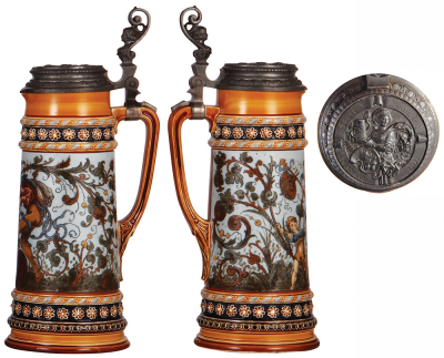 Mettlach stein, 2.0L, 13.9" ht., 1593, etched, by Hein, relief pewter lid, very rare, pewter strap repaired, body mint. - 2