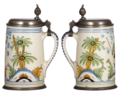 Three faience steins, 8.9" ht. to 10.2" ht., late 1700s, pewter lids and footrings, they display well, but all have multiple hairlines or cracks and some glaze flakes.  - 3