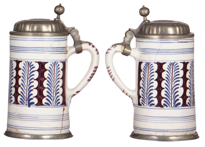 Three faience steins, 8.9" ht. to 10.2" ht., late 1700s, pewter lids and footrings, they display well, but all have multiple hairlines or cracks and some glaze flakes.  - 7