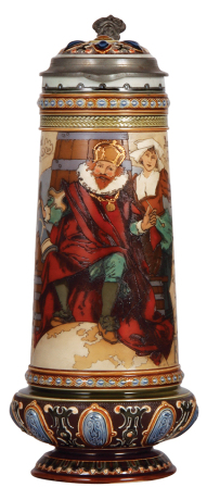 Mettlach stein, 2.2L, 14.7'' ht., 2107, etched, by H. Schlitt inlaid lid, excellent repair of the top rim.