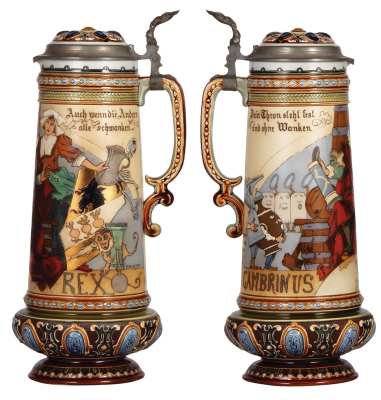 Mettlach stein, 2.2L, 14.7'' ht., 2107, etched, by H. Schlitt inlaid lid, excellent repair of the top rim. - 2