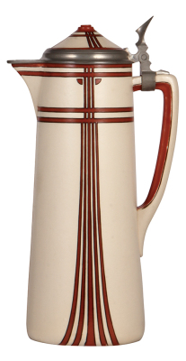 Mettlach stein, 14.0" ht., 3138, etched, Art Deco, inlaid lid, mint.