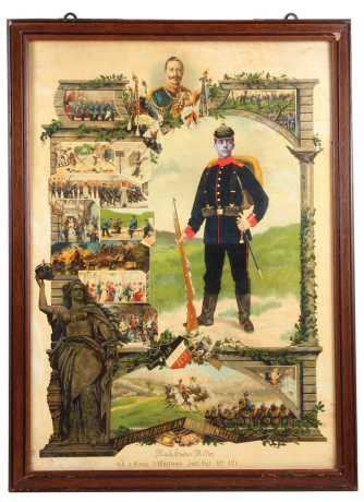 Regimental lithograph, frame 21.0" x 28.6", 2. Comp. Inft. Regt. No. 127, named to: Musk. Gustav Müller, lithograph has bend & blemished around perimeter, frame chips.