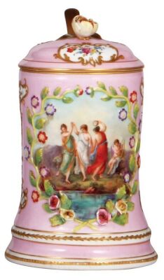 Porcelain stein 1.0L, 8.6" ht., Dresden mark, transfer & hand-painted, relief flowers, gilded, some chips on flowers & flower on lid reglued.