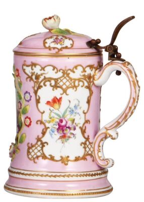 Porcelain stein 1.0L, 8.6" ht., Dresden mark, transfer & hand-painted, relief flowers, gilded, some chips on flowers & flower on lid reglued. - 2