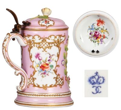 Porcelain stein 1.0L, 8.6" ht., Dresden mark, transfer & hand-painted, relief flowers, gilded, some chips on flowers & flower on lid reglued. - 3