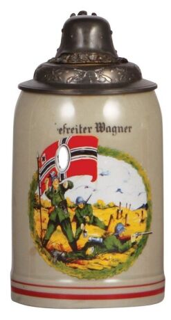 Third Reich stein, .5L, modern [new], marked Allach SS, Infantry scene with large flag, pewter lid with helmet, mint.