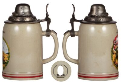 Third Reich stein, .5L, modern [new], marked Allach SS, Infantry scene with large flag, pewter lid with helmet, mint. - 2